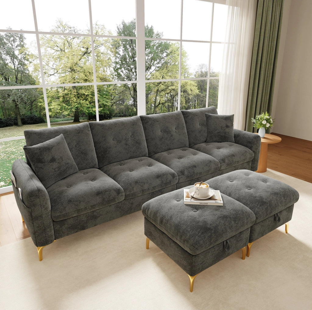 Divano modulare in ciniglia con 2 pouf contenitore; 263×137×85 cm; grigio