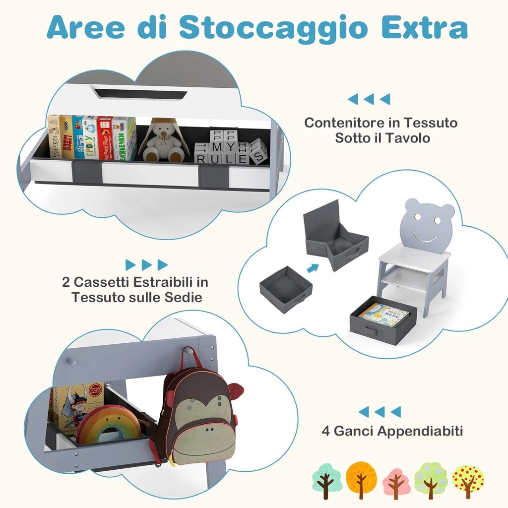 Set Tavolo e 2 Sedie per Bambini, 5 in 1 Tavolino e Sedie con 4 Ganci, 3 Scatole in Tessuto e Lavagna Reversibile per Bambini 3+ Anni per Cameretta Ragazzi (Grigio, Stile 4)