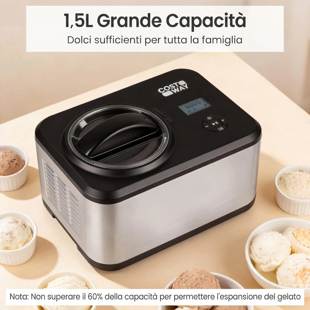Gelatiera con Compressore 1,5 L, Macchina del Gelato con 4 Modalità, Display LED, Timer 24 Ore e Ciotola Rimovibile, Gelatiera Autorefrigerante in Acciaio Inox per Gelato, Yogurt e Sorbetto