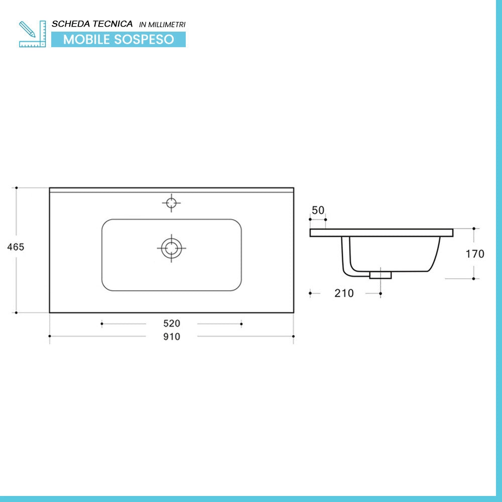 Mobile bagno sospeso 90 cm nero satinato con lavabo ad incasso Gaya
