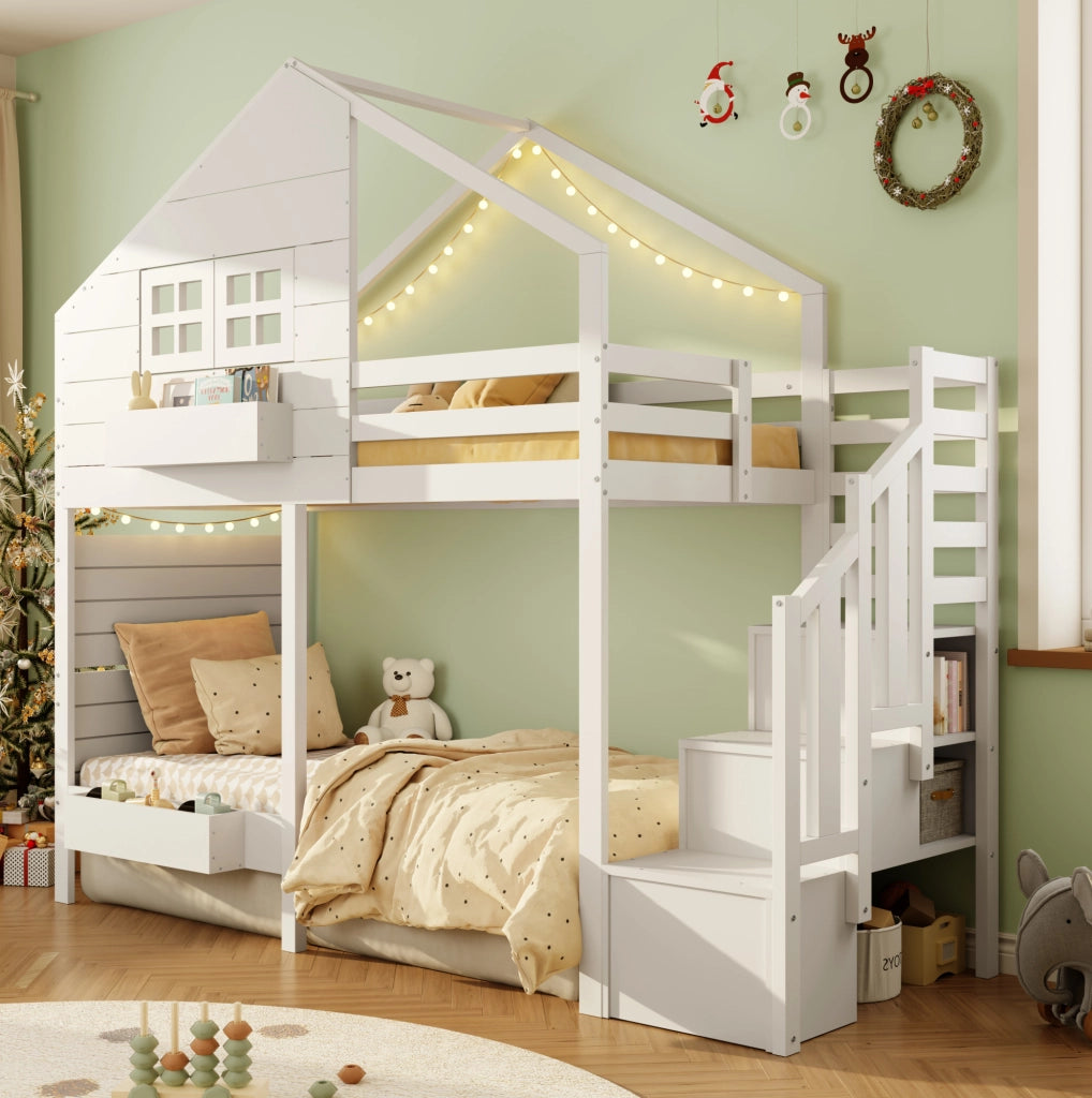 Letto a castello con scala contenitore e finestra; pino e MDF; per materasso 90x200 cm; bianco