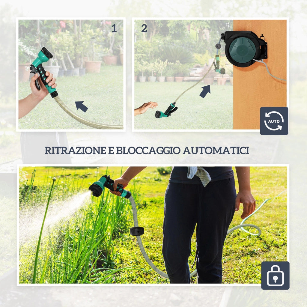 Avvolgitubo da Giardino Retrattile con Tubo dell'Acqua 30+2 m da Parete e da Manico Girevole 7 Modalità Nero