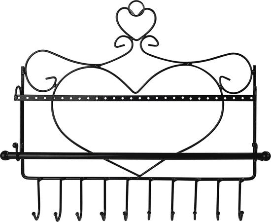 Organizzatore di Accessori in forma di Cuore - Sostegno in Metallo Nero per Collane, Orecchini, Bracciali e Anelli - 28 Fori e 12 Ganci