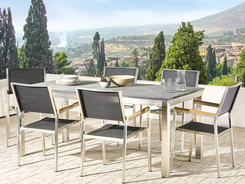 Tavolo da pranzo da giardino Piano in granito grigio e argento Gambe in acciaio inox esterne 6 posti 180 x 90 x 74 cm