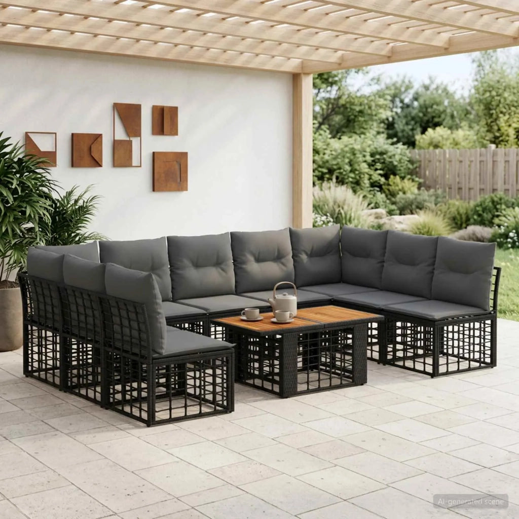 Set Divano da Giardino 10 pz Nero e Grigio scuro polyrattan 3437897