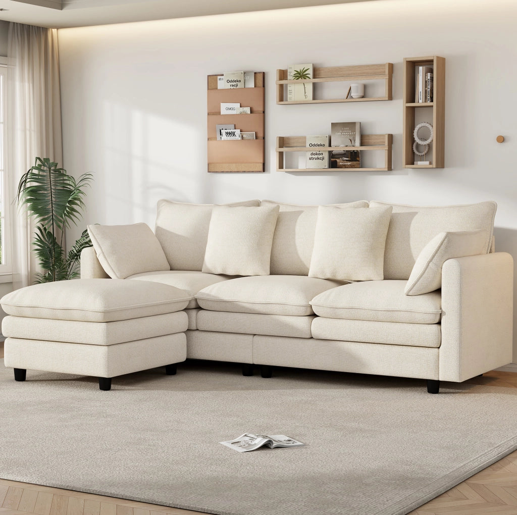 Divano angolare 3 posti in ciniglia beige con chaise longue mobile, 212x150x90 cm