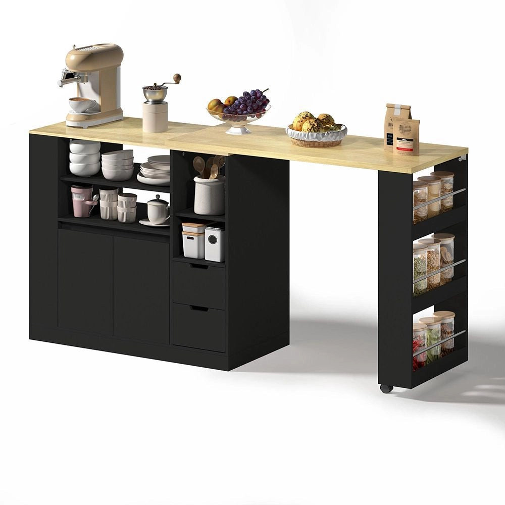 Isola cucina con piano scorrevole - Xylo - 115 cm - 3 lati ripiani, 2 cassetti, bar caff¨¨