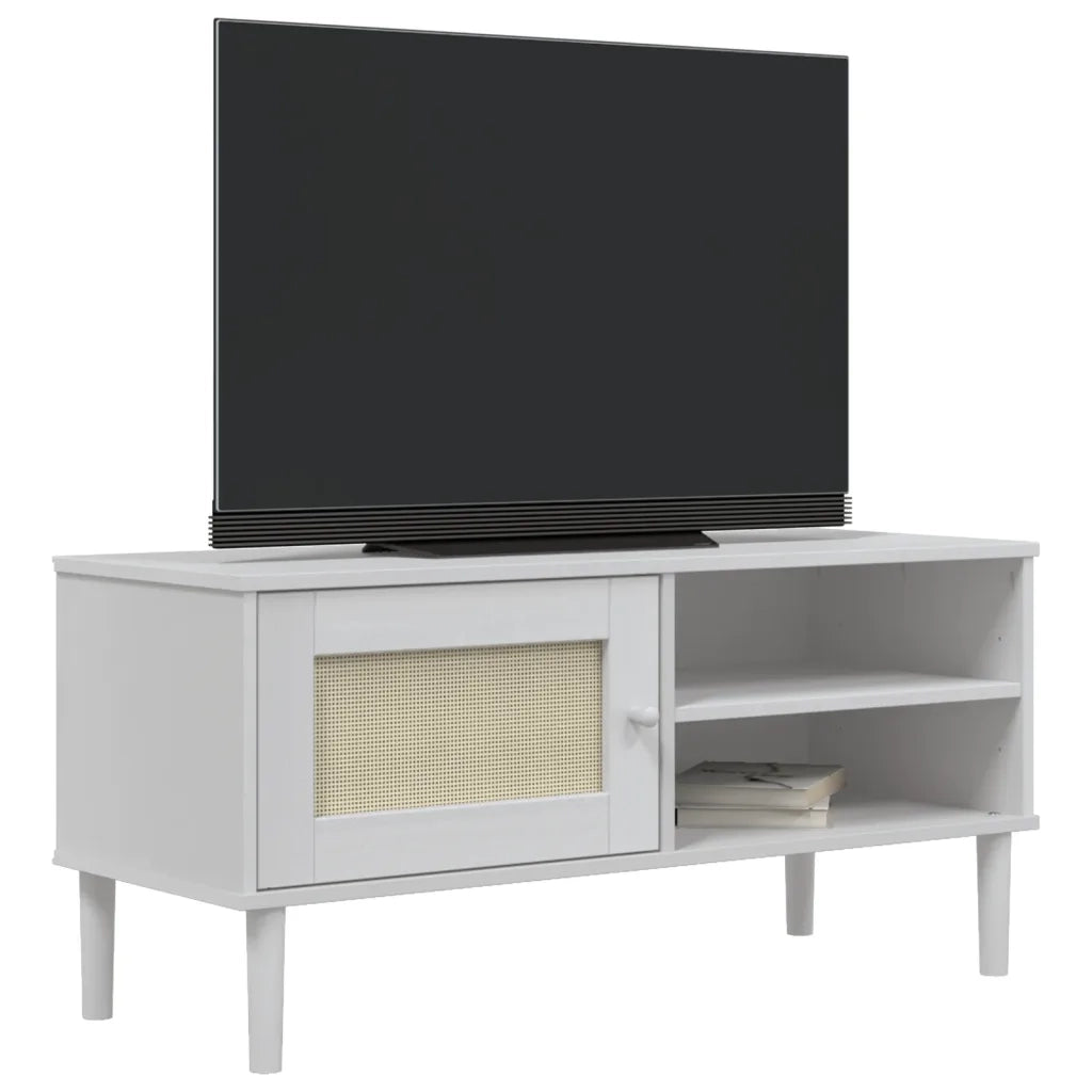 Mobile TV-Credenza per TV-Console TV SENJA Aspetto Rattan Bianco 106x40x49 Massello Pino