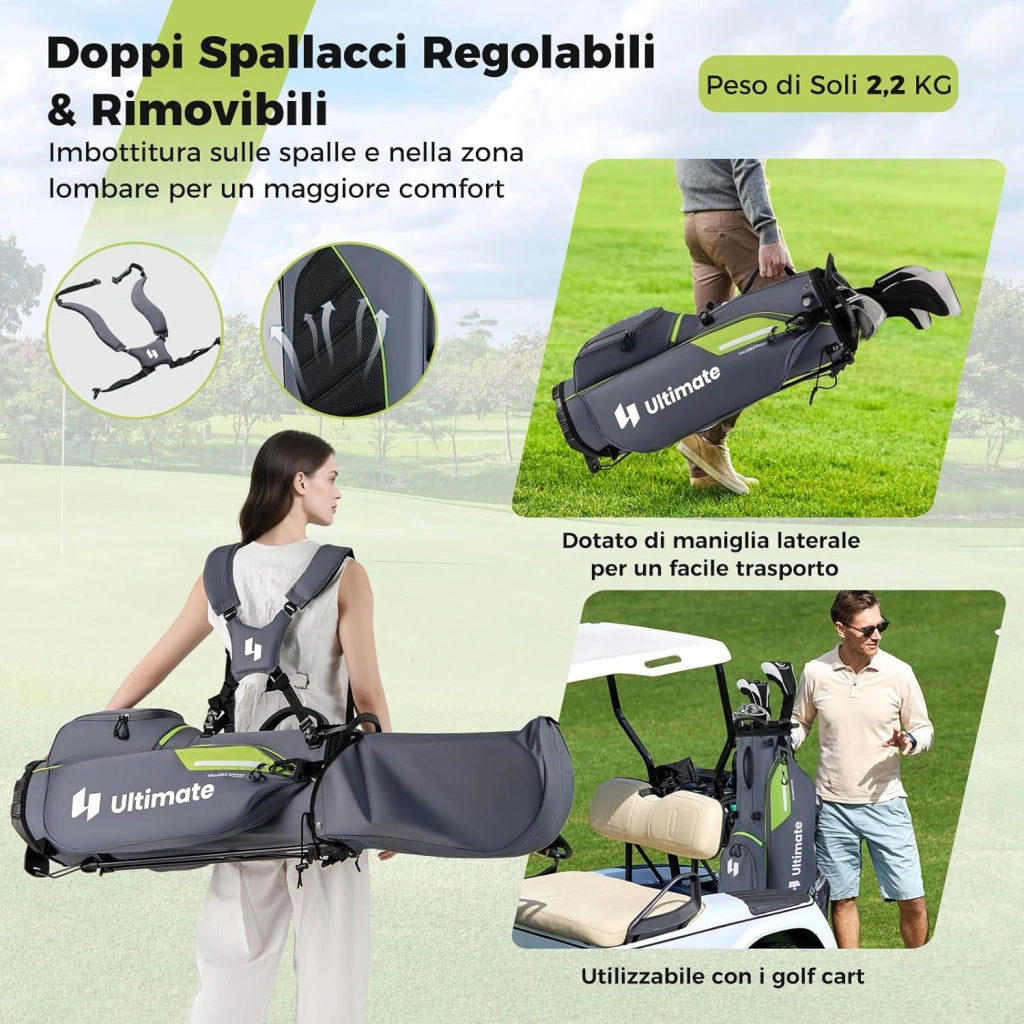 Borsa da Golf con Divisori Superiori a 8 Vie & 5 Tasche con Cerniera, Tracolla Regolabile a Doppia Spalla, Cappuccio Antipioggia e Portombrelli, Sacca da Golf per Donna e Uomo