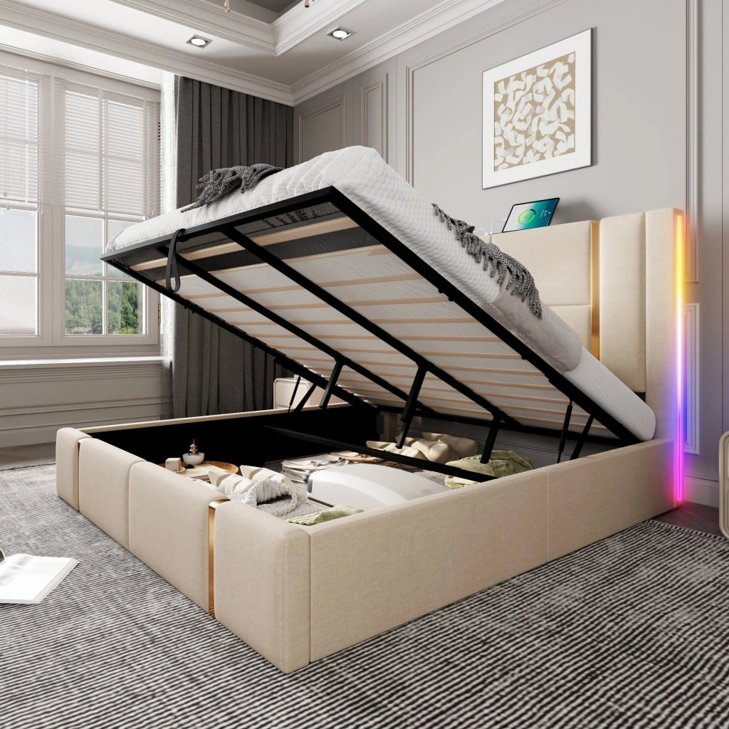 Letto Matrimoniale 2 Posti con Panca Contenitore; Luci da Lettura; USB e Comodini; 160×200 cm; senza Materasso