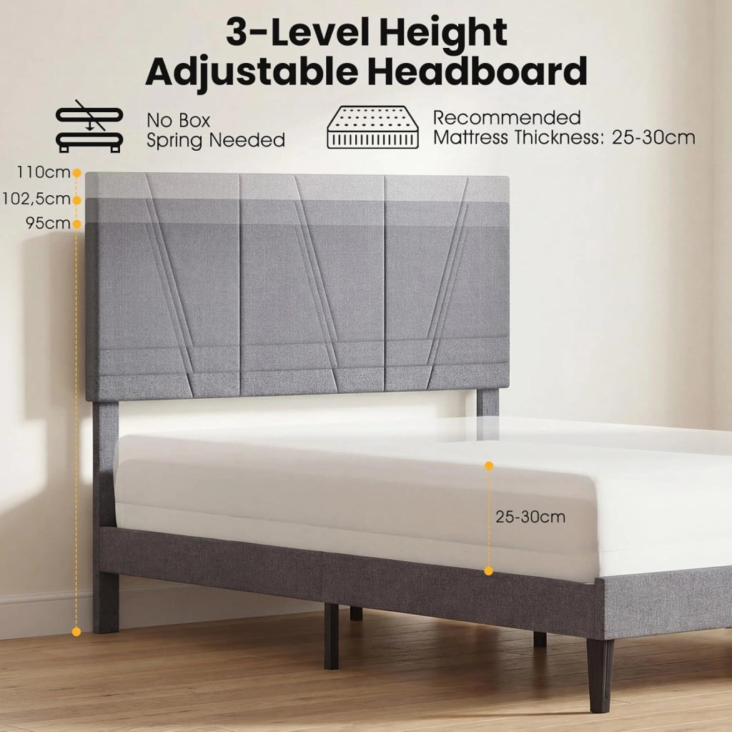 Telaio letto imbottito per 2 persone, testiera regolabile su 3 livelli, 10 doghe in legno e spazio di archiviazione, montaggio semplice, supporta fino a 360 kg, grigio scuro (140 x 200 cm)