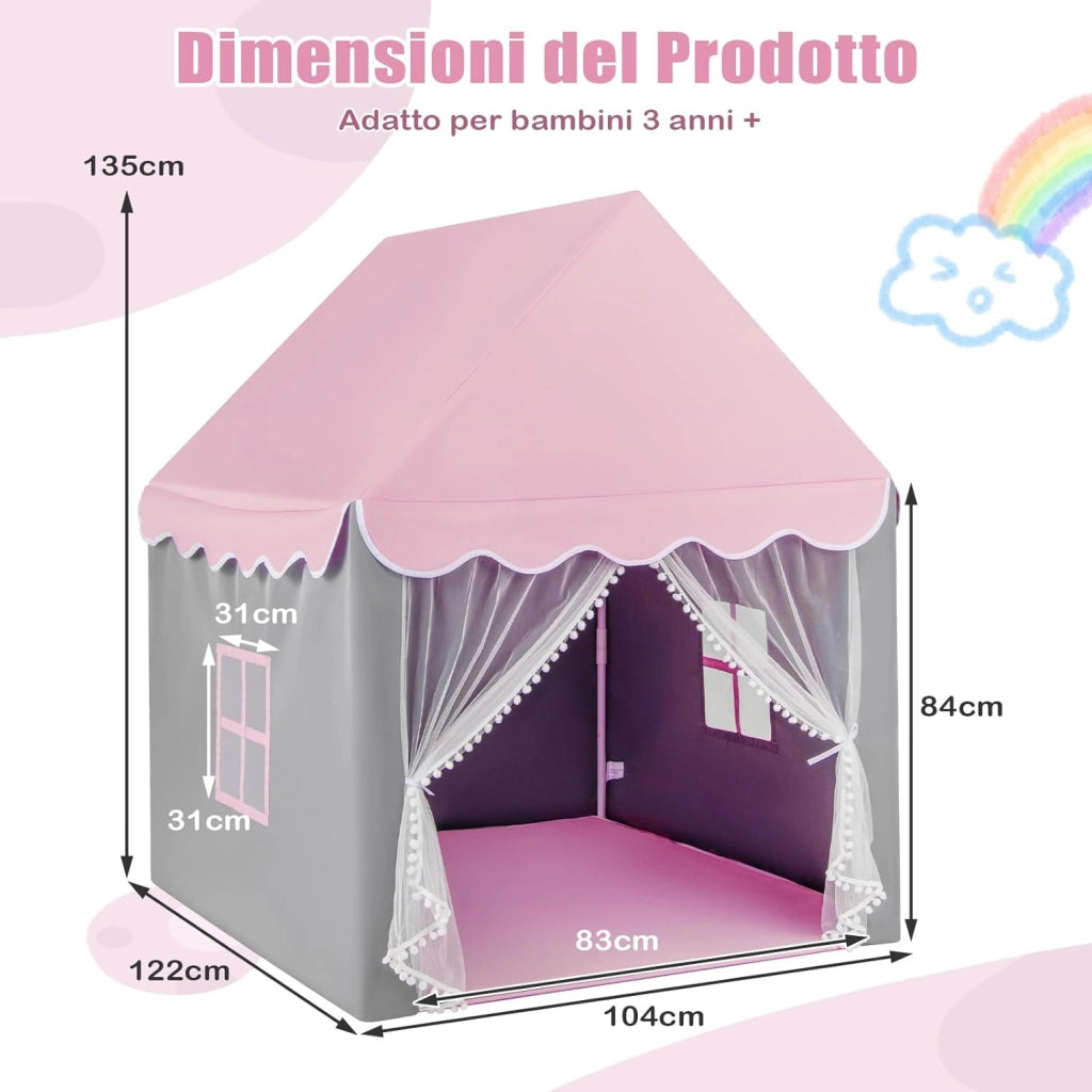 Tenda da Gioco per Bambini, Tenda Castello con Tappetino Lavabile, Luci a Forma di Stella, per Interno ed Esterno, 105 x 121 x 136 cm (Stile 2 Rosa)