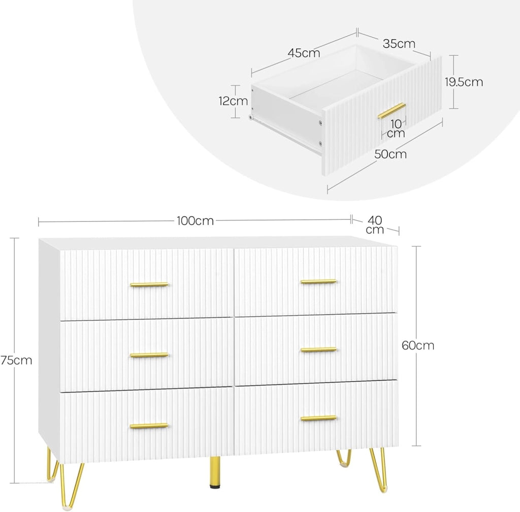 WOLTU Comò Bianco per Camera da Letto, Cassettiera 6 Cassetti in Legno con Gambe Metalliche Dorate, Mobile Contenitore per Soggiorno o Ingresso, Dimensioni 100x40x75 cm, KMD002ws