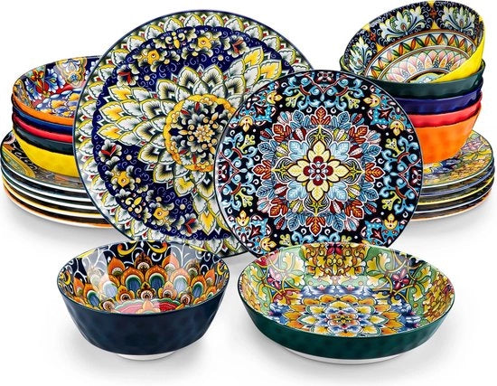Set da tavola - 24 pezzi - 6 posti - Cottura - Stile bohemien - Ceramico - Disegno fiorale - Colorato
