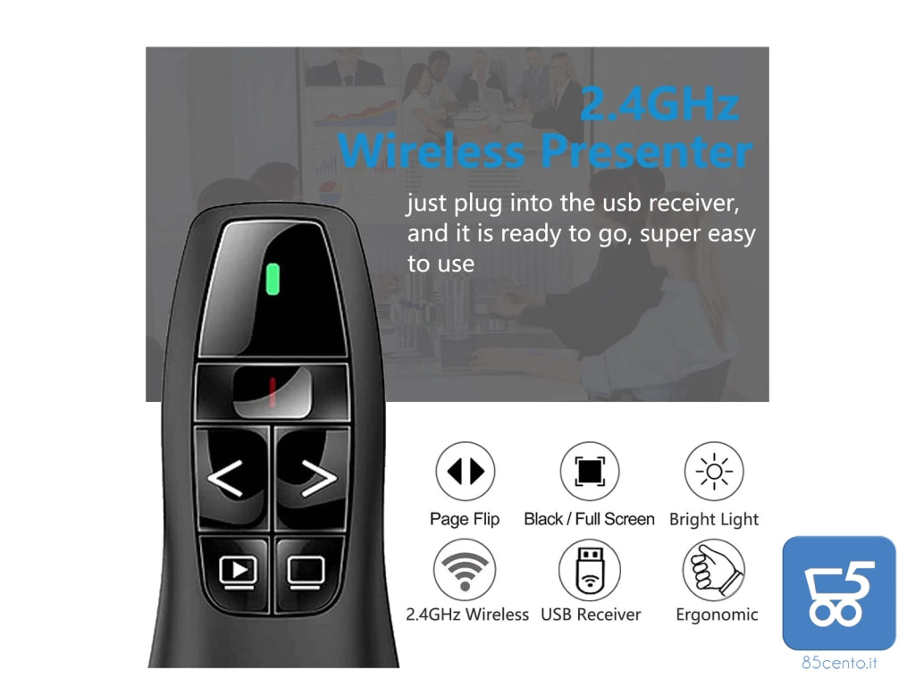 Puntatore Telecomando per Presentazioni Presenter Wireless USB 2.4 GHz per PowerPoint Slide PC Notebook – Laser Rosso Integrato