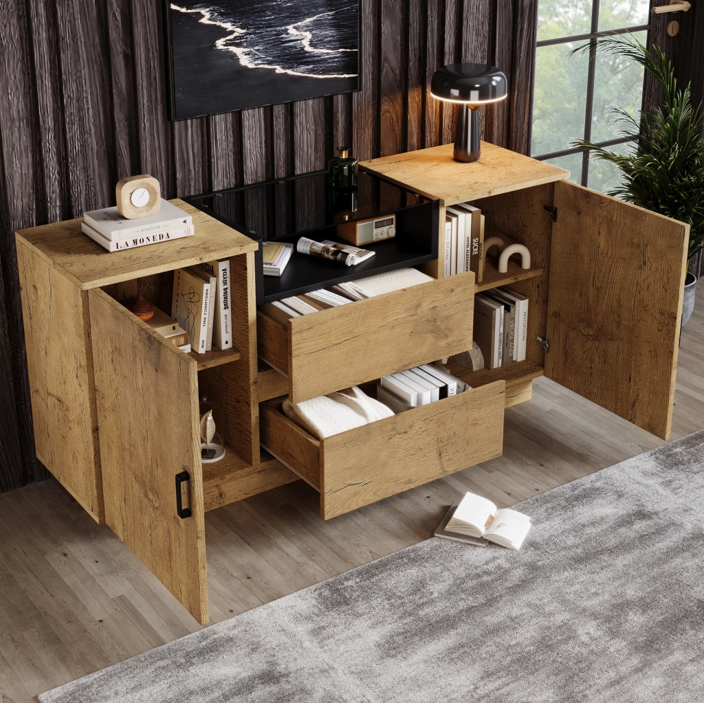 Credenza 140x40x70 cm con 2 cassetti; 2 ante e vano aperto in legno; vetro e metallo rovere chiaro