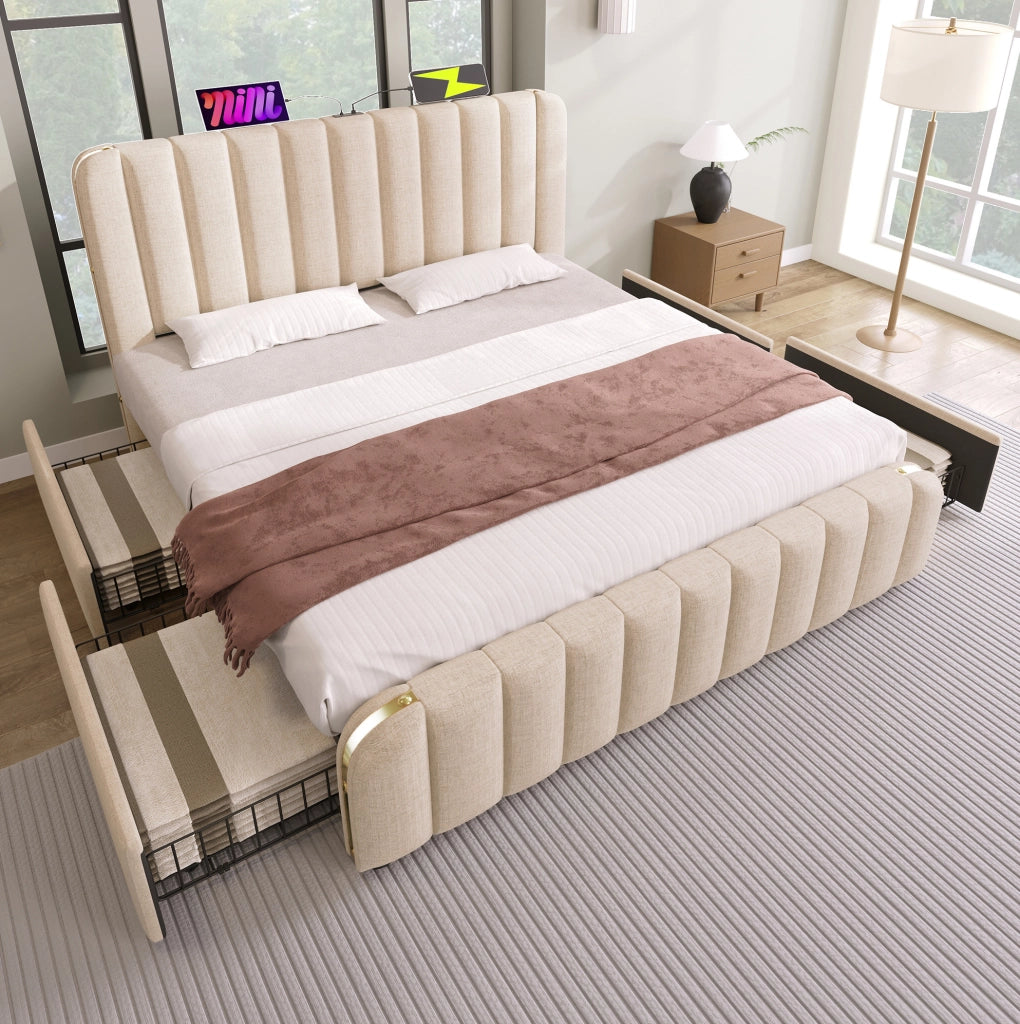 Letto matrimoniale imbottito con testiera USB e 4 cassetti, beige