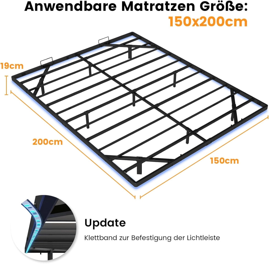 Telaio letto 150 x 200 cm, in metallo, con LED e prese, letto per ragazzi, app e telecomando, struttura stabile con rete a doghe