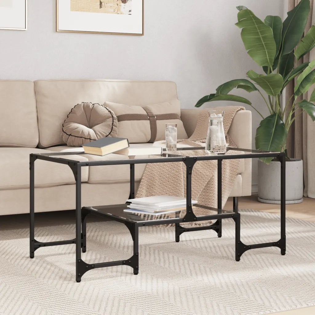 2 pz Tavolini da salotto | Tavolino da caff¨¨ | Tavolino da Soggiorno con Piano Vetro Trasparente 98,5x50x45 cm Acciaio