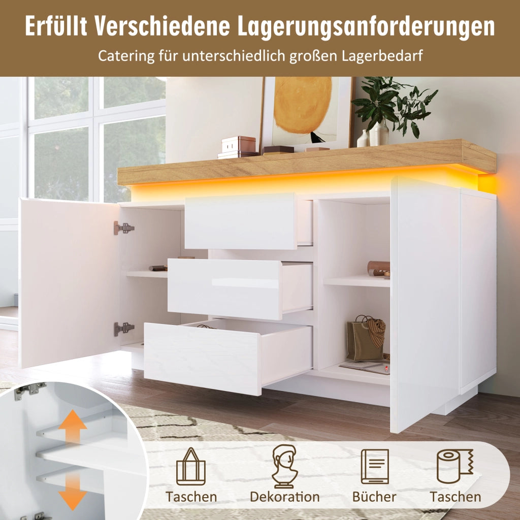 Madia con 2 Ante e 3 Cassetti e LED; Finitura Lucida; Stile Moderno; in Pannelli; Bianco; 140??39??81 cm