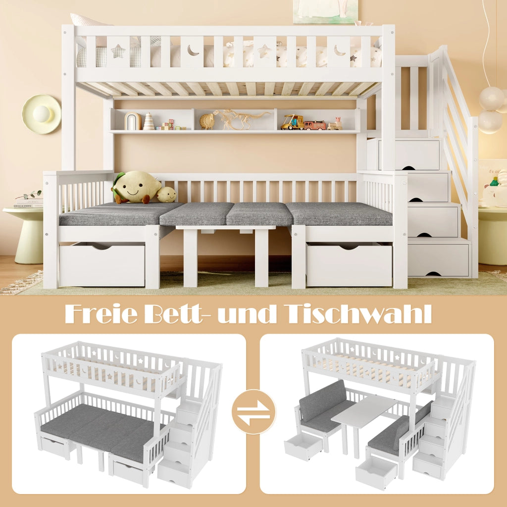 OKWISH Letto a Soppalco 90×200 cm, Letto Singolo con Scrivania Ribaltabile, Scala Contenitore e Sponde, con Cuscini, in Legno, Bianco