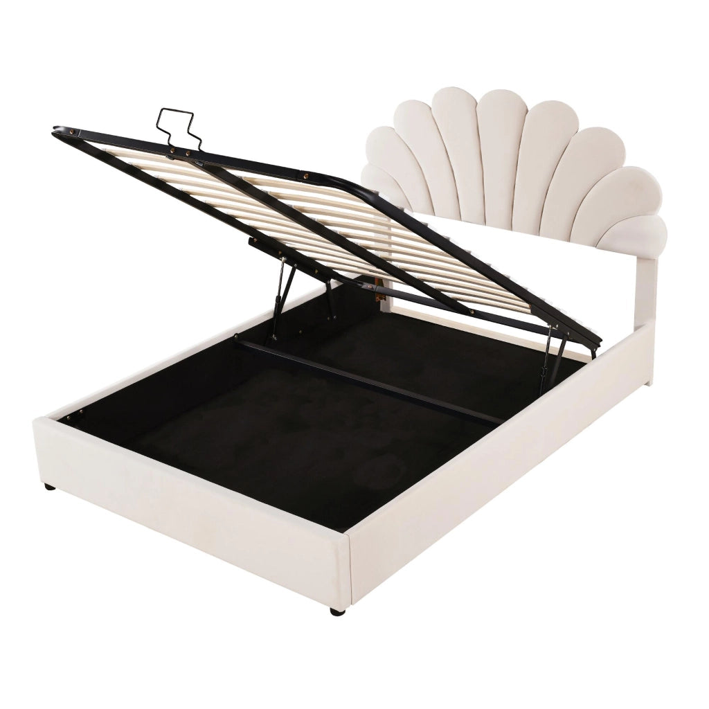 OKWISH Letto Contenitore 140×200 cm, Letto Matrimoniale con Sollevamento Idraulico, Testiera Regolabile e Motivo Floreale, senza Materasso, Beige