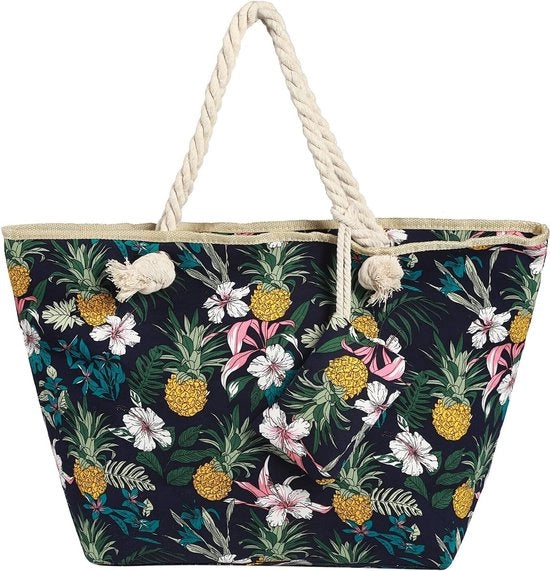 Borsa da spiaggia grande, impermeabile con chiusura a righello, fiori e ananas