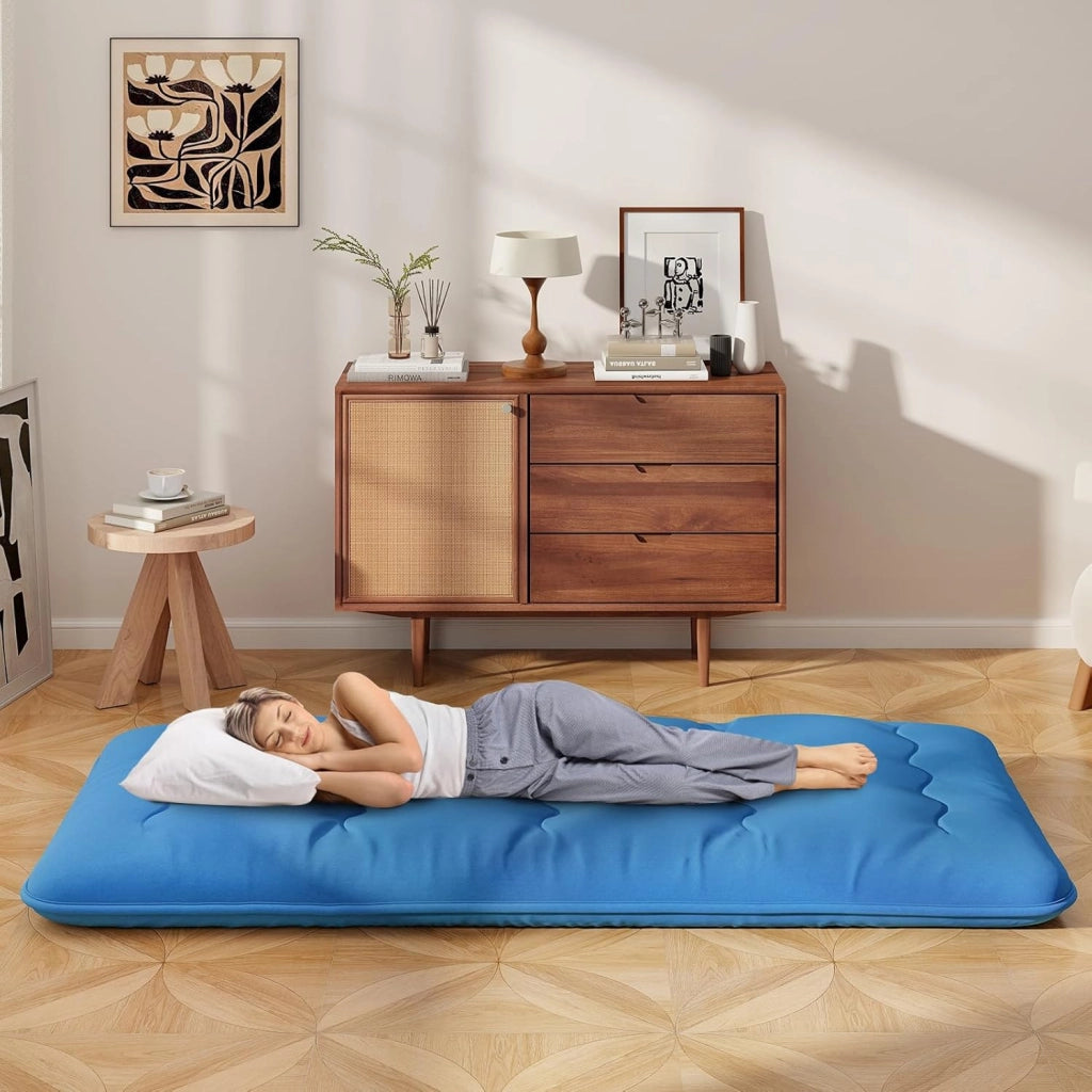Materasso Futon Pieghevole, Materasso Portatile con Sacca da Trasporto per Camping, Materasso da Terra con Copertura Lavabile (200 x 90 cm, Blu)