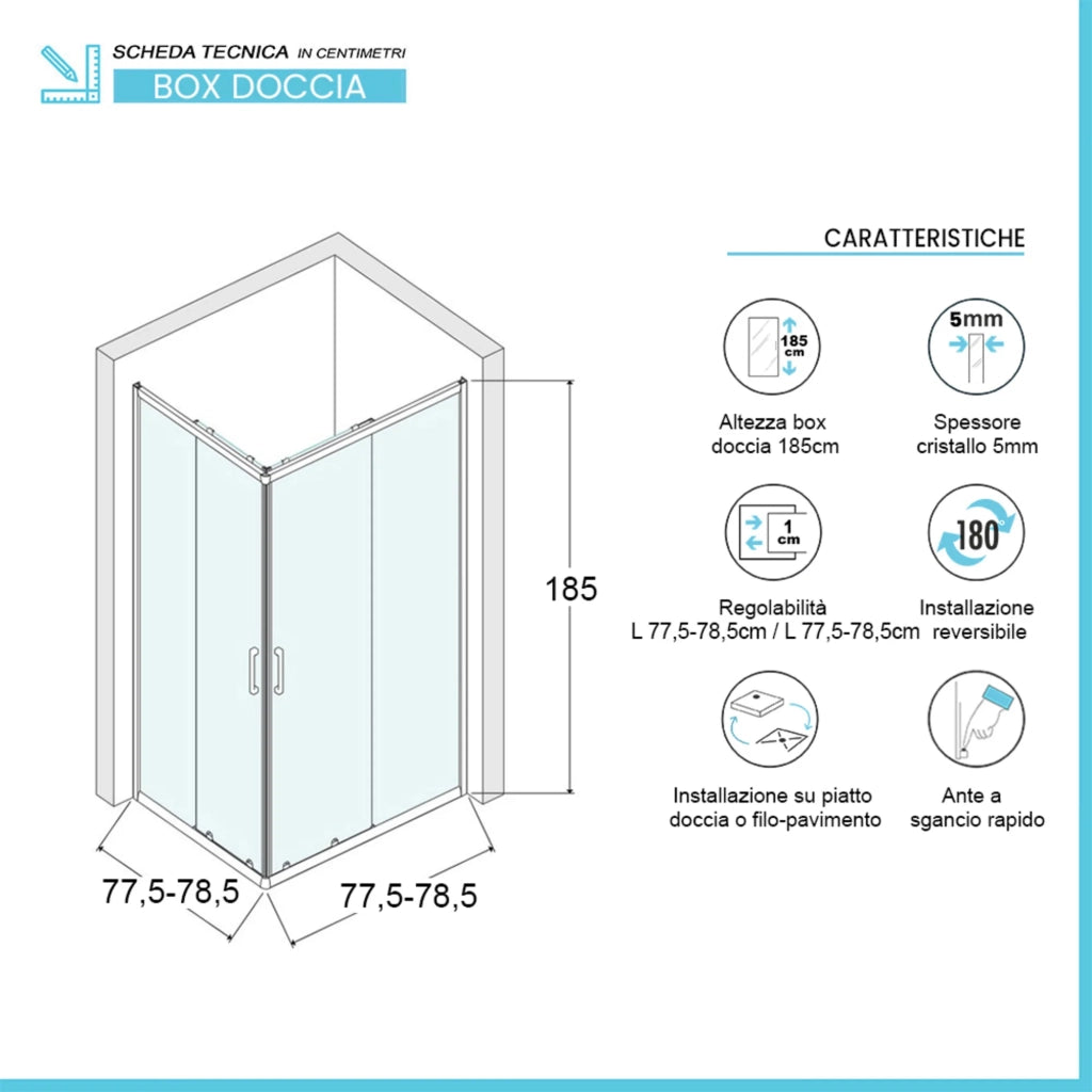 Box doccia 80x80 angolare doppio scorrevole con vetro temperato trasparente e profili cromo Geo