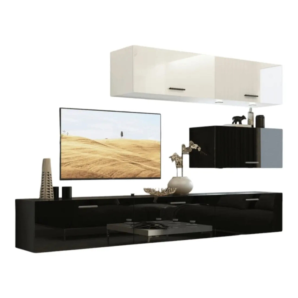 Set di mobili da soggiorno con parte superiore bianca e parte inferiore nera sospesi collezione CEPTO XXV 249 cm, 6 pezzi, LED, modulari