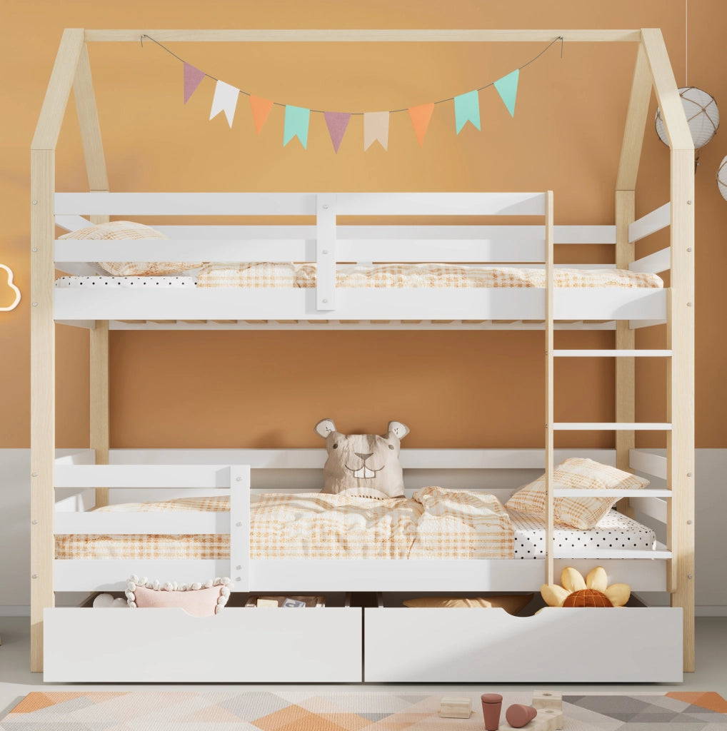 Letto per bambini a casetta 90x200 cm in legno di pino; bianco e rovere; con cassetti e rete a doghe