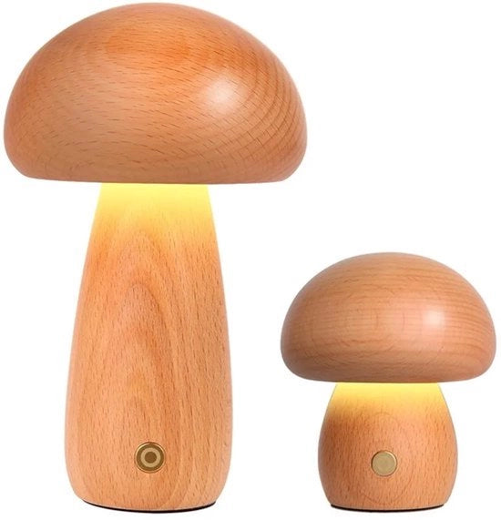 Set di due lampade notturne in legno, grande e piccola, forma fungo per bambini, lampada notturna Wi-Fi per bambini con caricatore USB