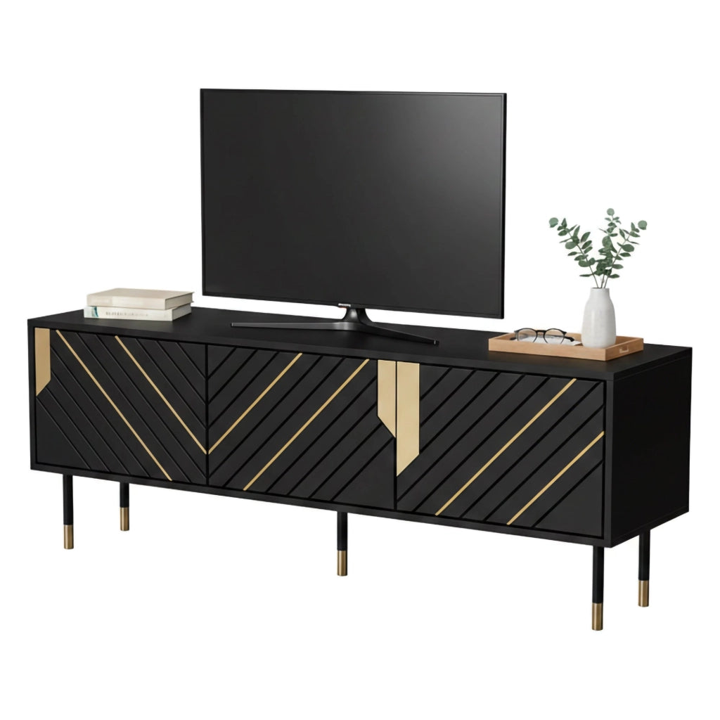 Mobile porta TV Perito, Madia da salotto con tre ante battenti e due vani interni, Rialzato da terra, 154x40 h55 cm, Nero e Oro