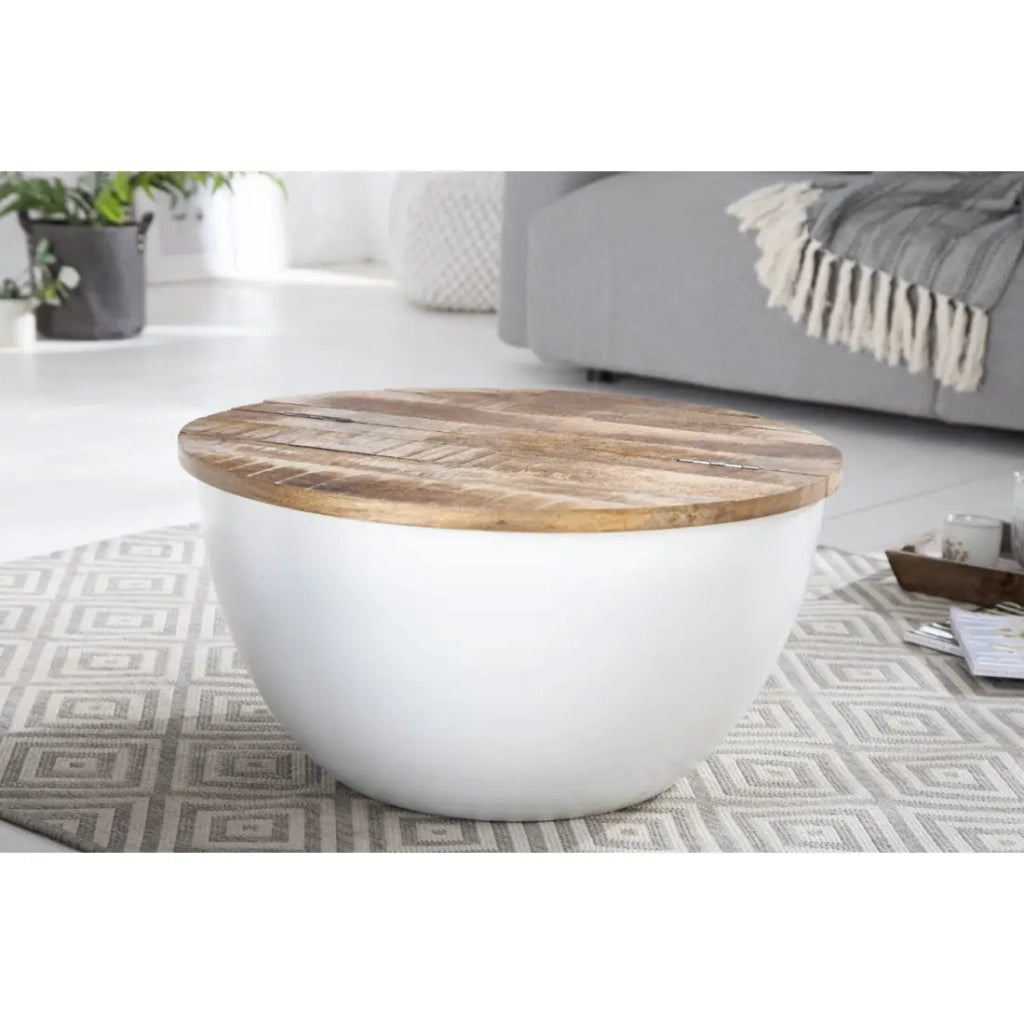 Tavolino basso TRIANE 60 cm con contenitore – Piano in legno di mango e struttura in metallo bianco opaco