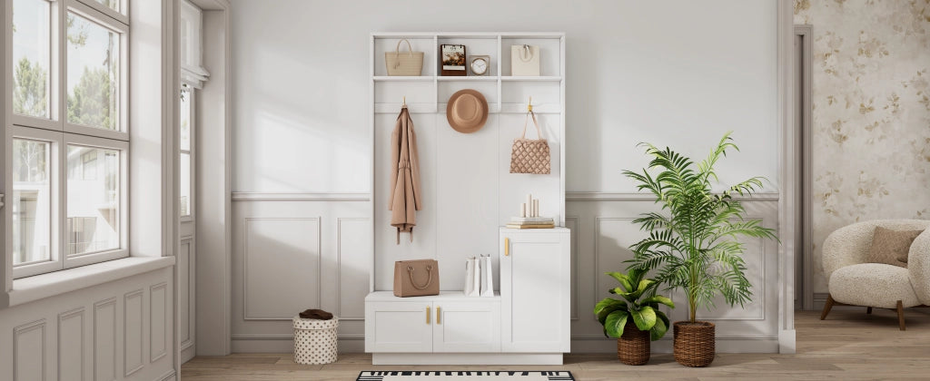 Set da ingresso con panca; scarpiera e 3 ganci; truciolato; bianco; 120x40x200 cm