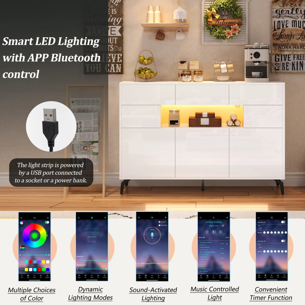 Credenza e madia con LED e 3 cassetti, 5 vani e vano aperto, per soggiorno, bianco, 140 × 30 × 82 cm