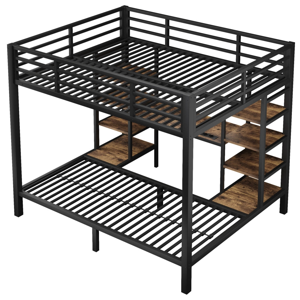Letto a castello in metallo e MDF nero con prese USB; Type-C e luci LED; 90 x 200 cm e 140 x 200 cm