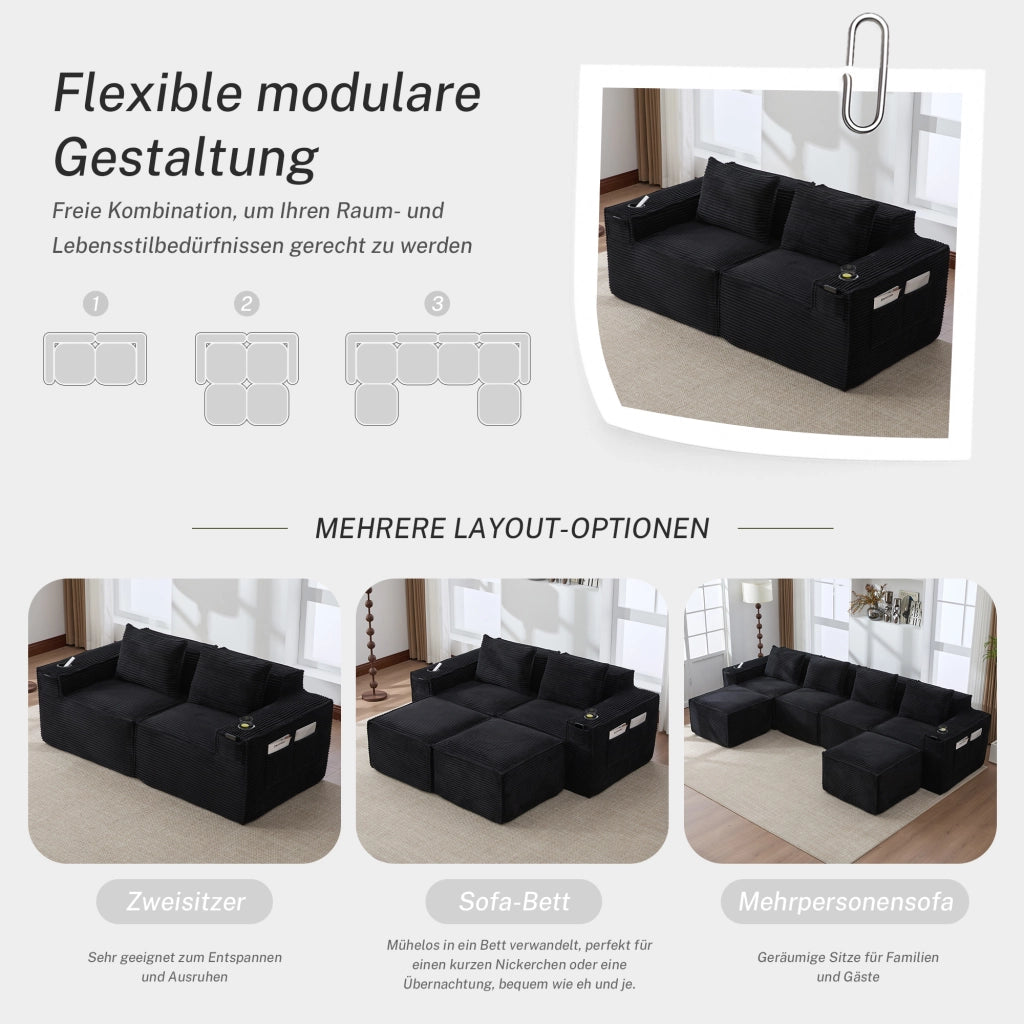 Divano modulare a 2 posti in velluto a coste con portabicchieri e tasche laterali nero per soggiorno 188 × 90 × 75 cm