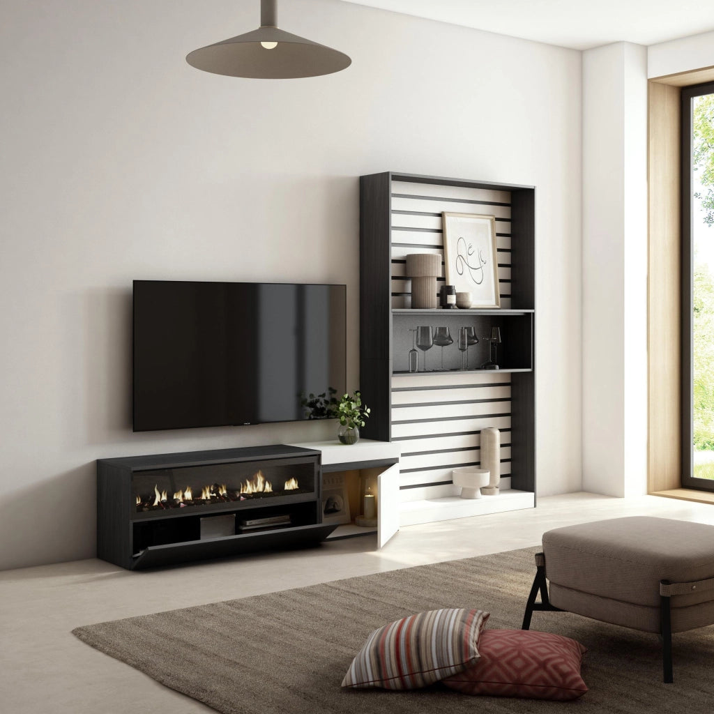 Mobile TV, Soggiorno, 260x35x186cm, Per TV fino a 65", Camino elettrico, Bianco e nero RF2546