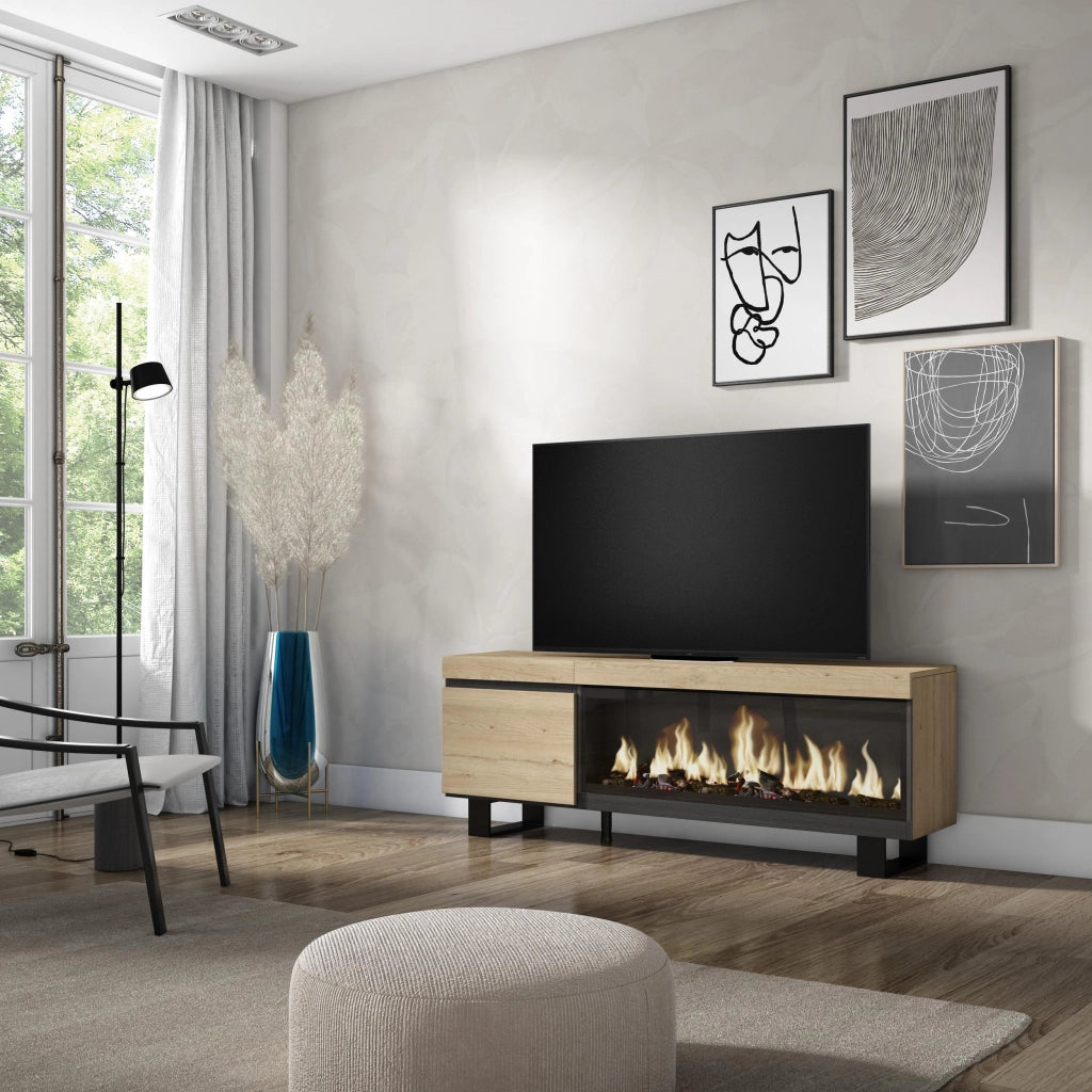 Mobile TV Soggiorno, 158x35x57cm, Per TV fino a 65", Camino elettrico XXL, Design industriale, colore Rovere RF3252