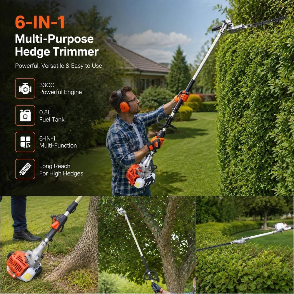 6-in-1 Petrol Hedge Trimmer, 33cc Long-reach Hedge Trimmer, 0.8L