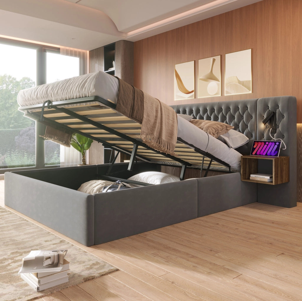 Letto matrimoniale 160x200 cm con contenitore idraulico; 2 comodini; luci lettura; grigio velluto