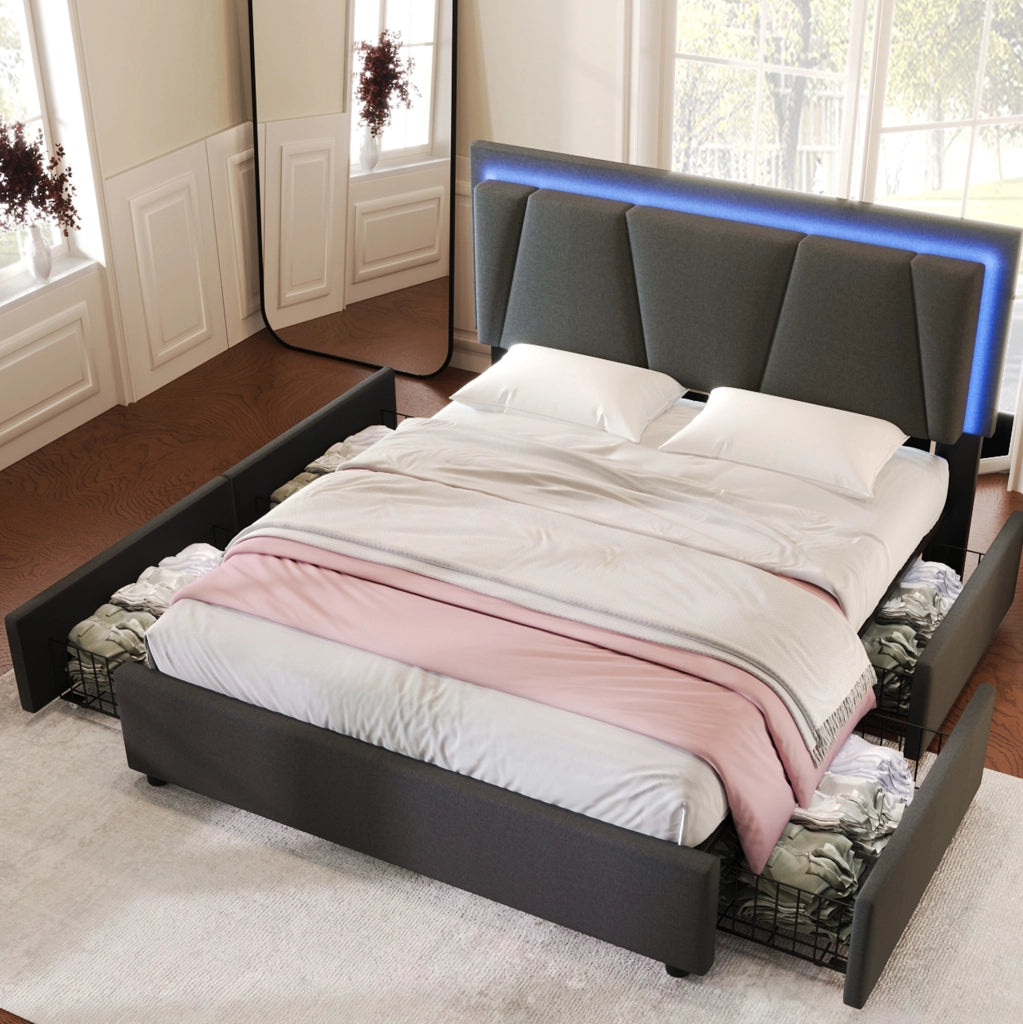 Letto contenitore 140x200 cm con LED; testiera regolabile e 4 cassetti; grigio
