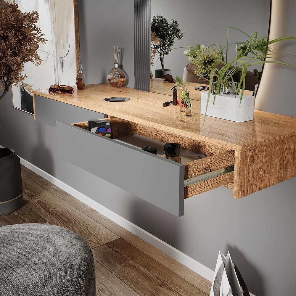 Tavolo da toeletta Melisa, Grigio, 120 cm con 2 cassetti, Altezza regolabile, perfetta per adattarsi alle esigenze individuali