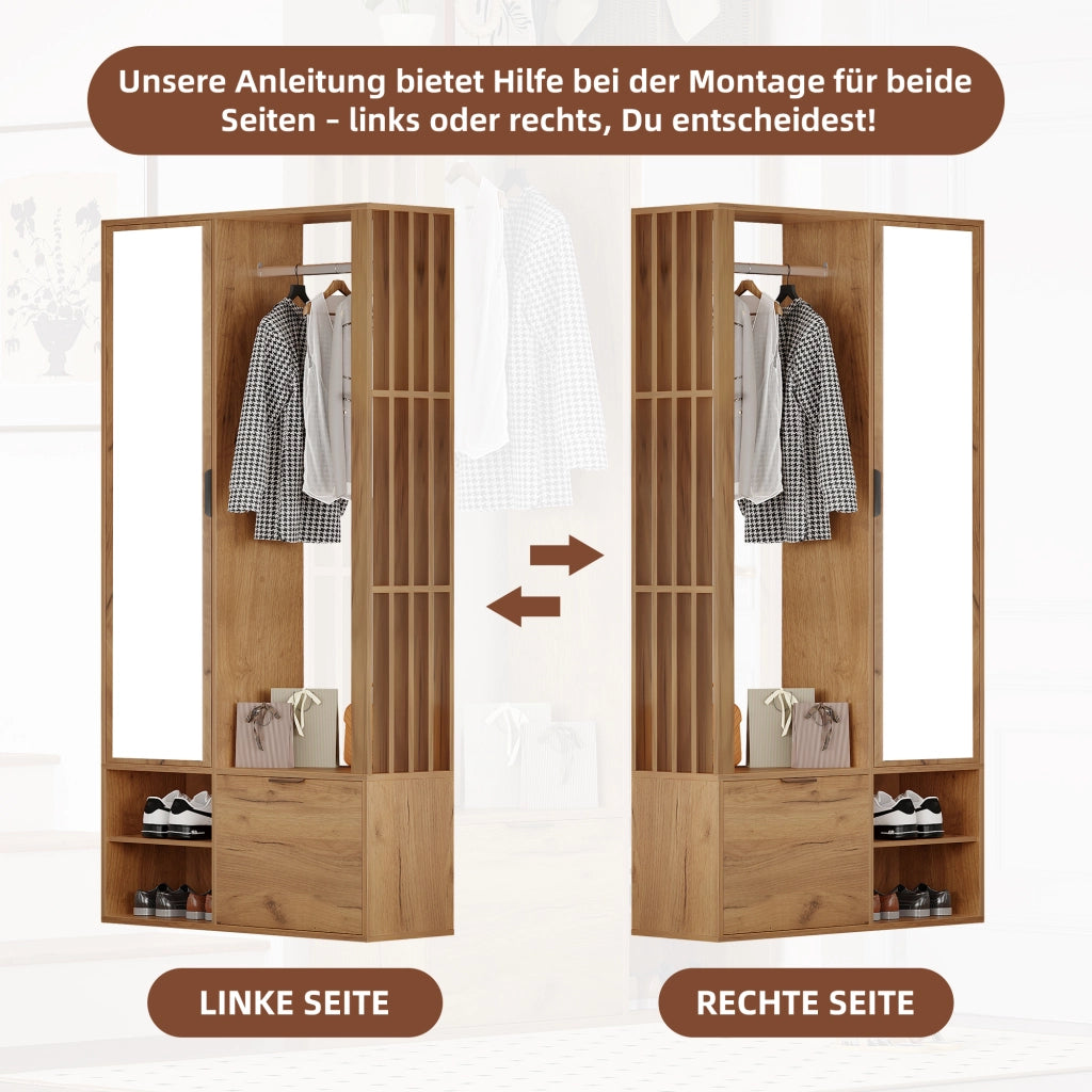 Mobile d'Ingresso con 2 Armadi e Specchio; 9 Vani Contenitore; Anta a Ribalta; Stile Minimalista; in Truciolare; Naturale; 100??33??190 cm