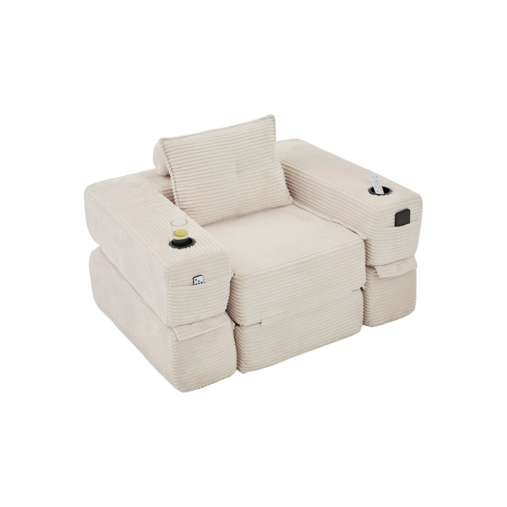 Divano letto modulare 2 posti - con tasche laterali e portabicchieri - in cord beige