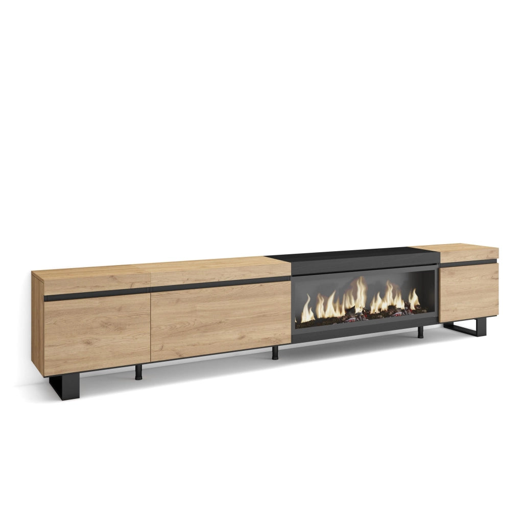 Mobile TV Soggiorno, 288x35x57cm, TV di grande formato, Camino elettrico XXL, Design industriale, colore Rovere e nero RF3616