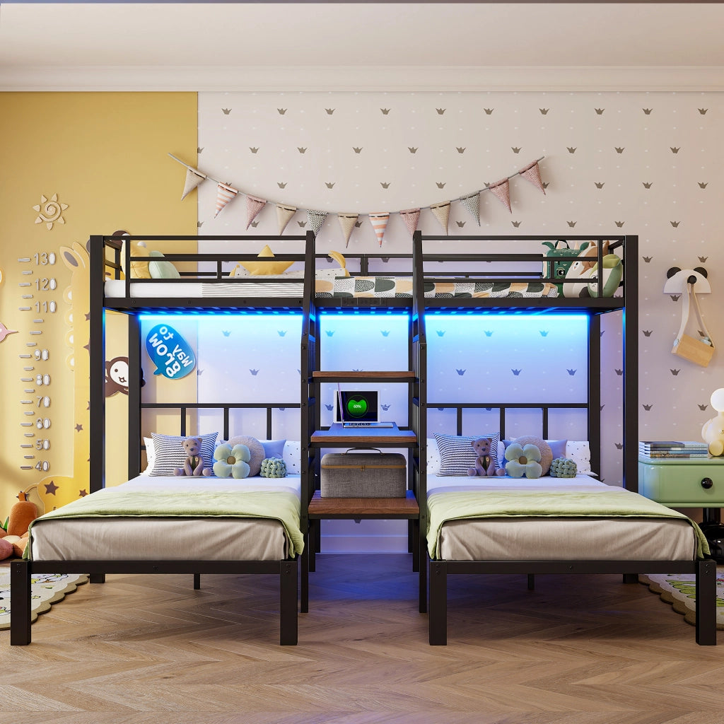 LETTO a castello 90x200 cm in metallo nero con LED, scrivania e USB