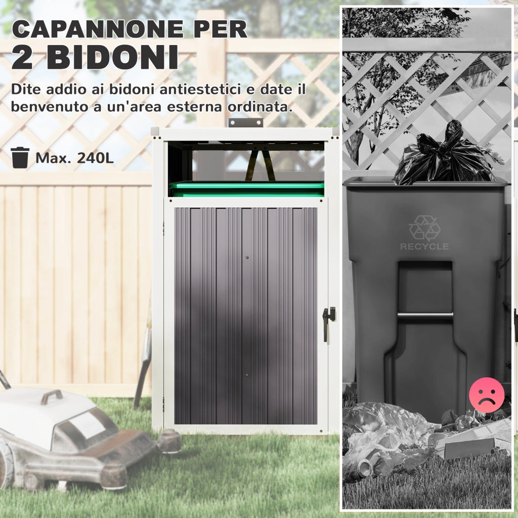 Copri Bidoni Spazzatura a 2 Sezioni con Coperchio Sollevabile, in Acciaio Zincato, 146x81x122 cm, Grigio Scuro