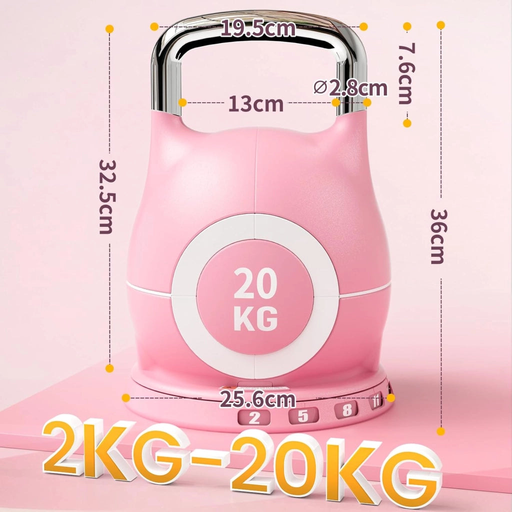 Kettlebell Regolabile 7 in 1, 20 kg Kettlebell con 7 Livelli di Peso, Manubrio per Allenamento a Casa & Fitness, Ideale per Allenamento Completo del Corpo, Compatto & Salvaspazio (Rosa, 20KG)